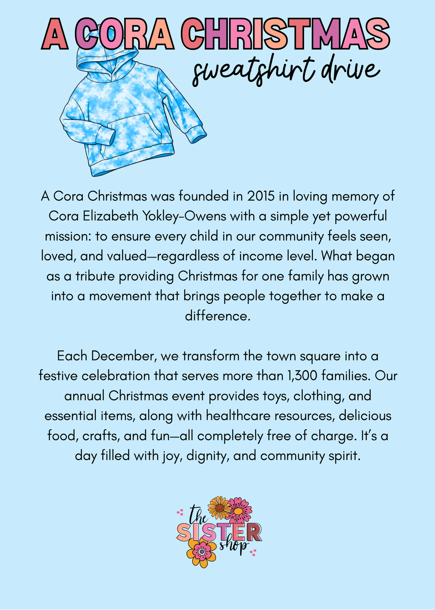 A Cora Christmas Sweatshirt Drive Donation